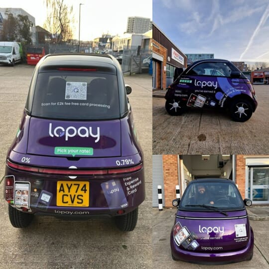 An image collage of a purple Lopay car with vehicle graphics and wraps